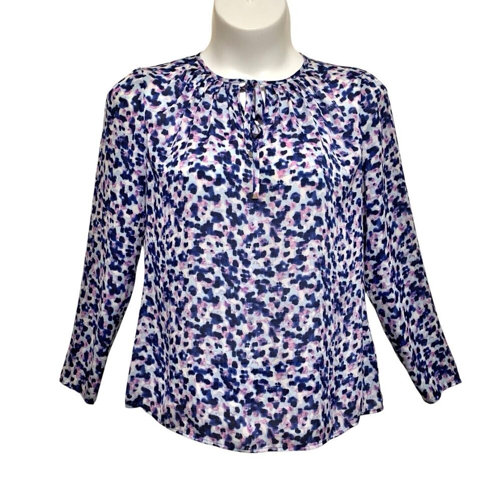Liz Claiborne Blouse Top Womens Size Lg Blue Pink Semi-Sheer Long Sleeve Keyhole